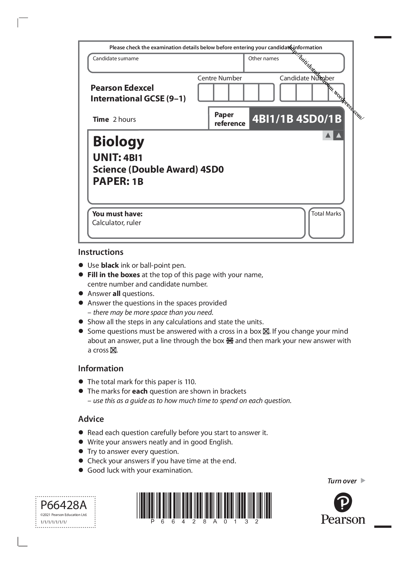 Preview image for Pearson Edexcel International GCSE (9–1)_Biology_4BI1/01B Question Paper June 2021 | PAPER: 1B